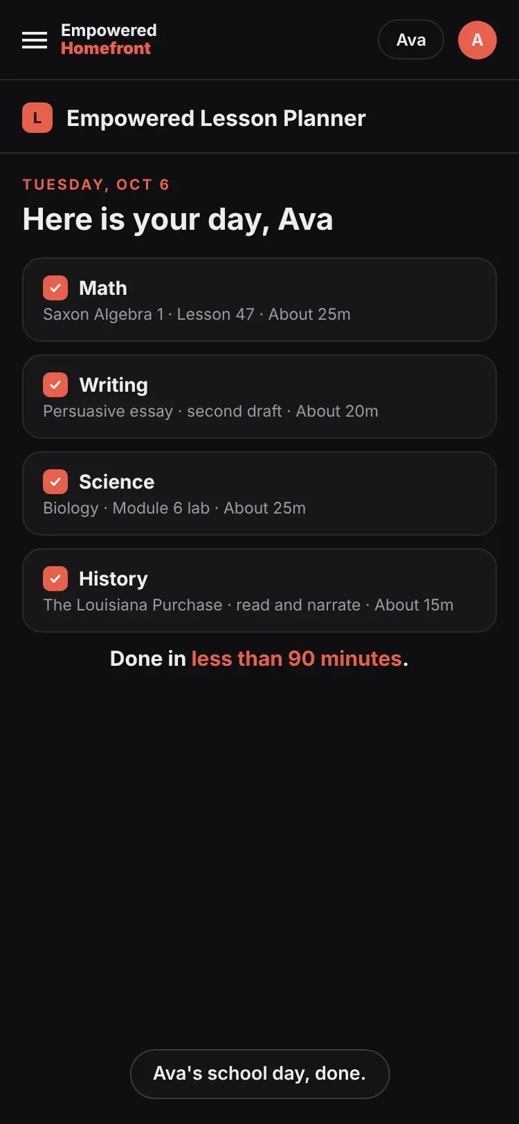 A child's own school day, four lessons, done in less than 90 minutes